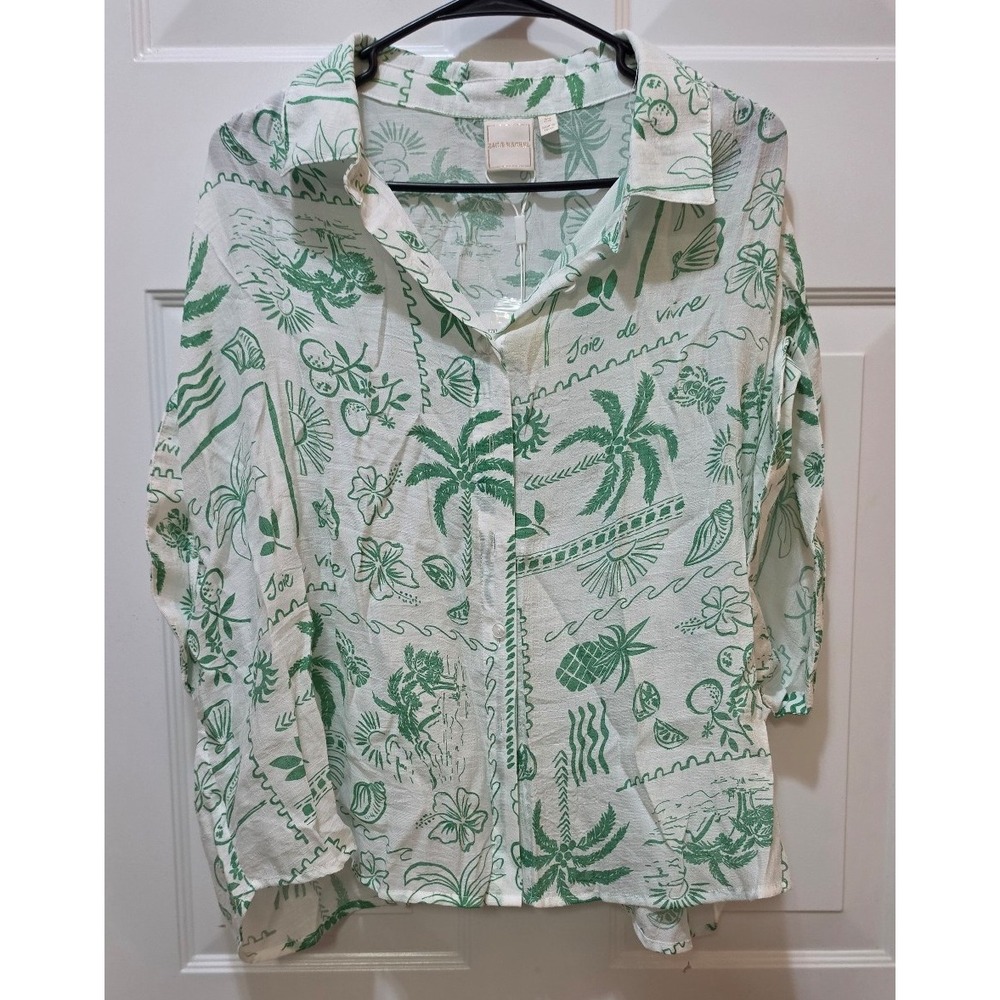 NWT Zac & Rachel Woman 2X Tropical Toile Button Up Blouse Green White Palm Tree
